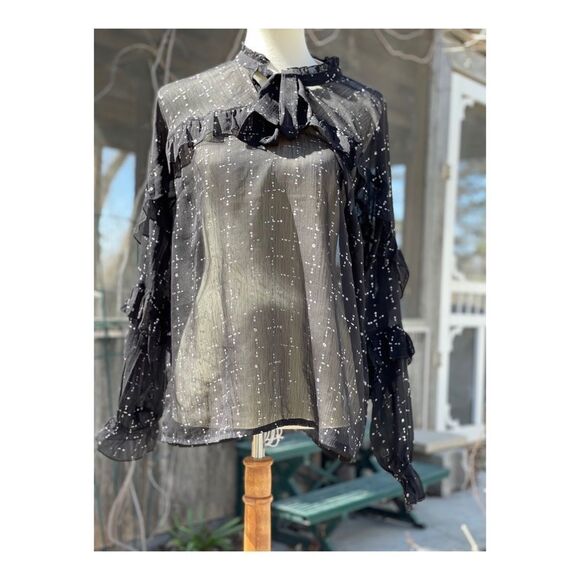 Cream Sheer Blouse Long Statement Sleeve Keyhole Bow Tiered Ruffle Neck Sz 38 - Picture 10 of 11